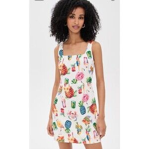 Moon River Square Neck Colorful Print Mini Dress Linen Blend Size Medium